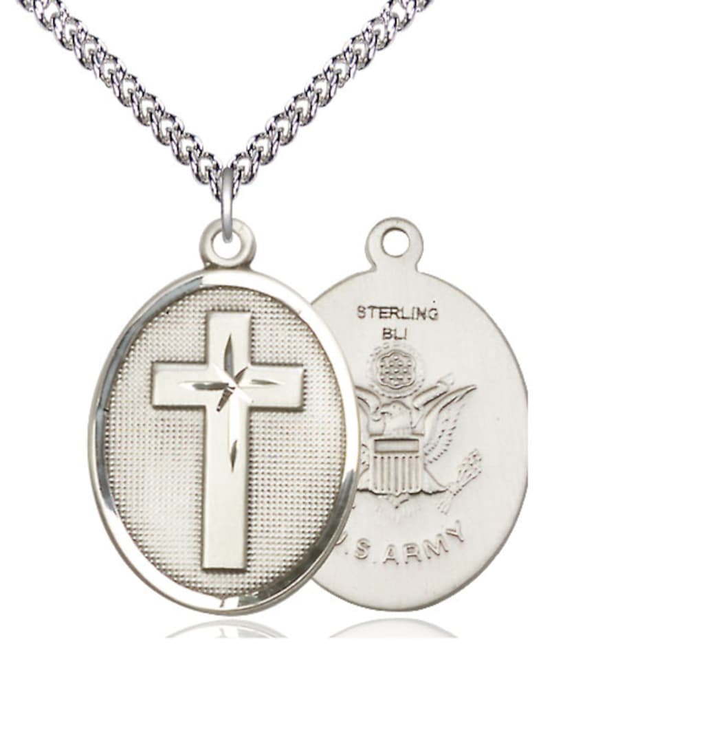 Bliss Manufacturing Oval Army Christian Cross Sterling Medal Necklace with Sterling Chain,