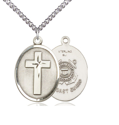 Coast Guard Christian Cross Sterling Medal Necklace with Sterling Silver Chain, Bliss Manufacturing