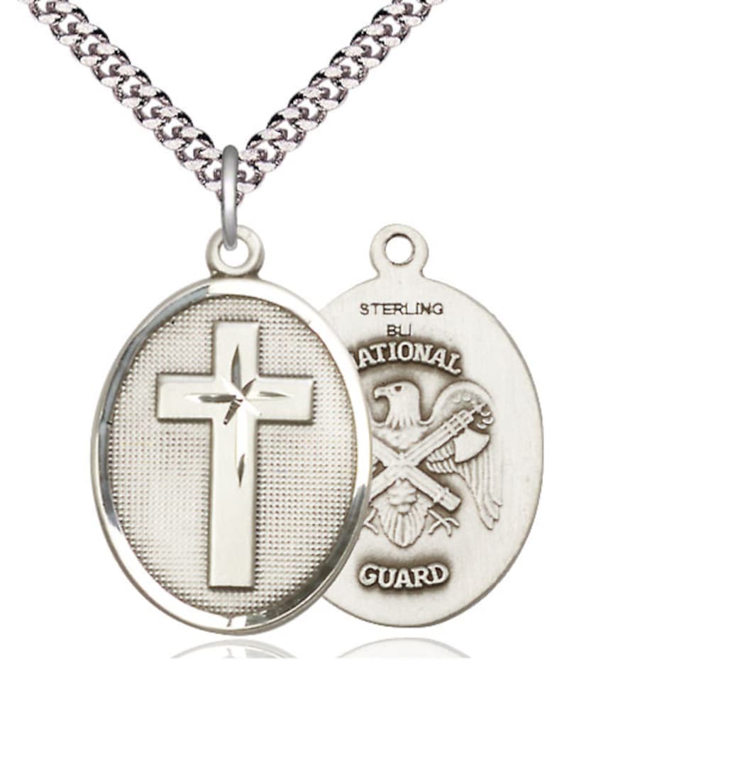 Bliss Manufacturing National Guard Christian Cross Sterling Silver Medal Necklace w/Plated Chain,