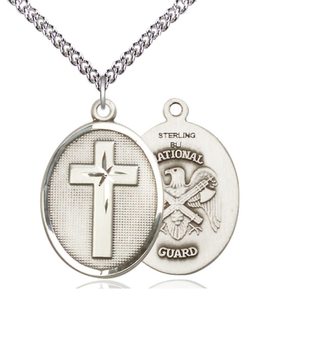 Bliss Manufacturing National Guard Christian Cross Sterling Silver Medal Necklace w/Sterling Silver Chain,