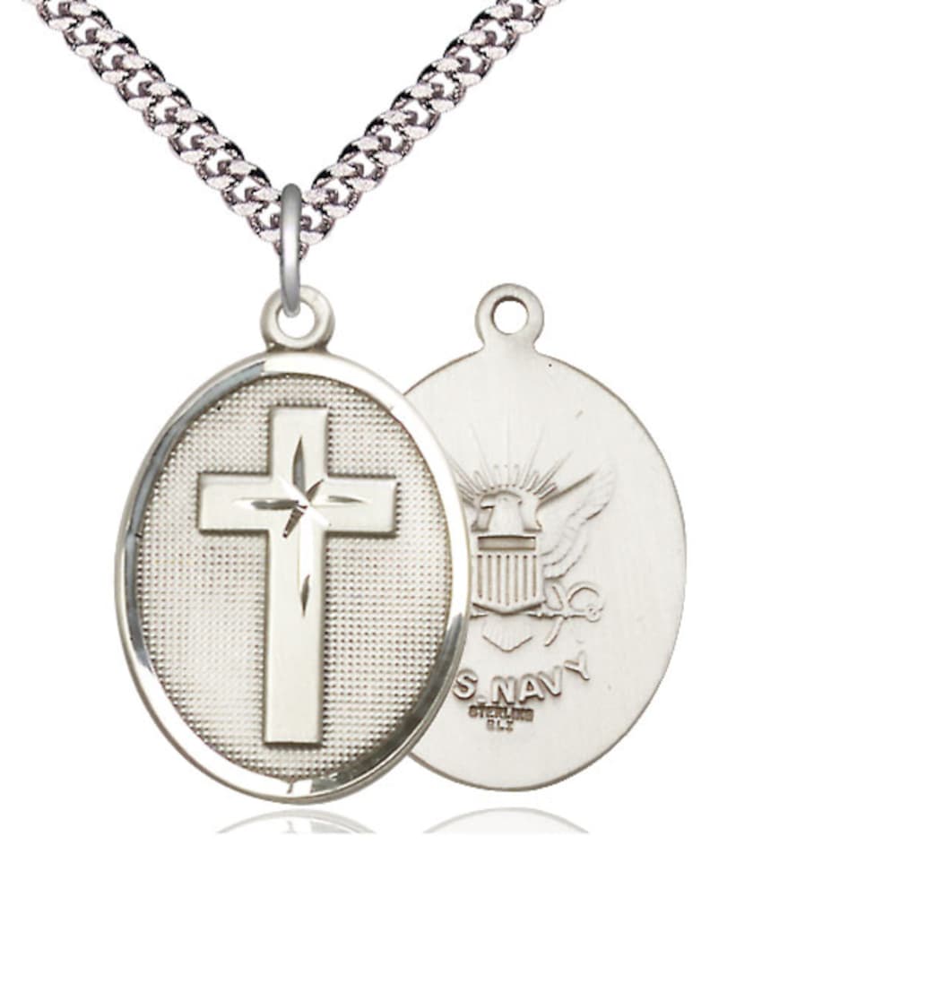 Bliss Manufacturing Navy Christian Cross Sterling Silver Medal Necklace with Plated Chain,