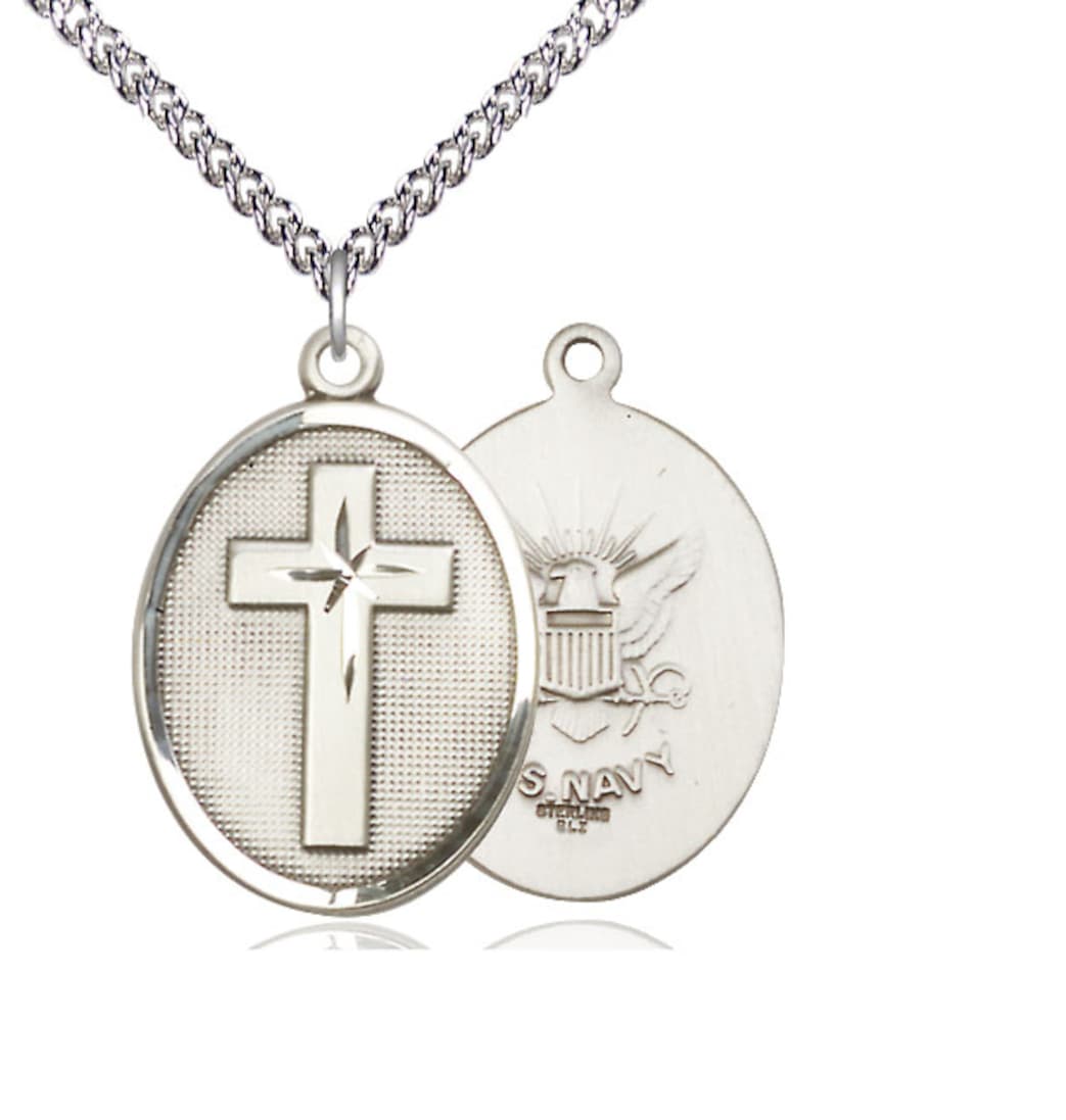 Bliss Manufacturing Navy Christian Cross Sterling Silver Medal Necklace with Sterling Chain,