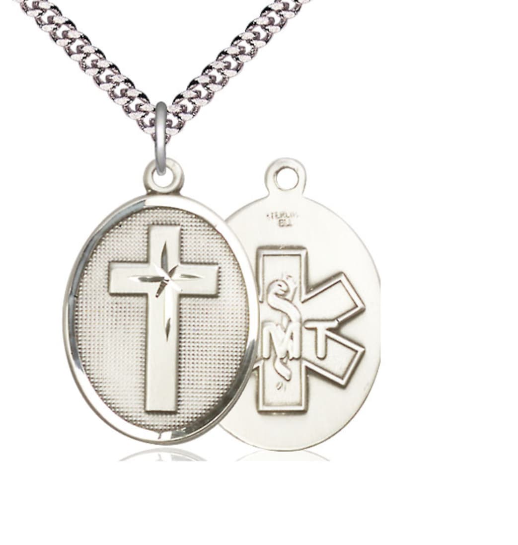 Bliss Manufacturing EMT Christian Cross Sterling Silver Medal Necklace with Plated Chain,