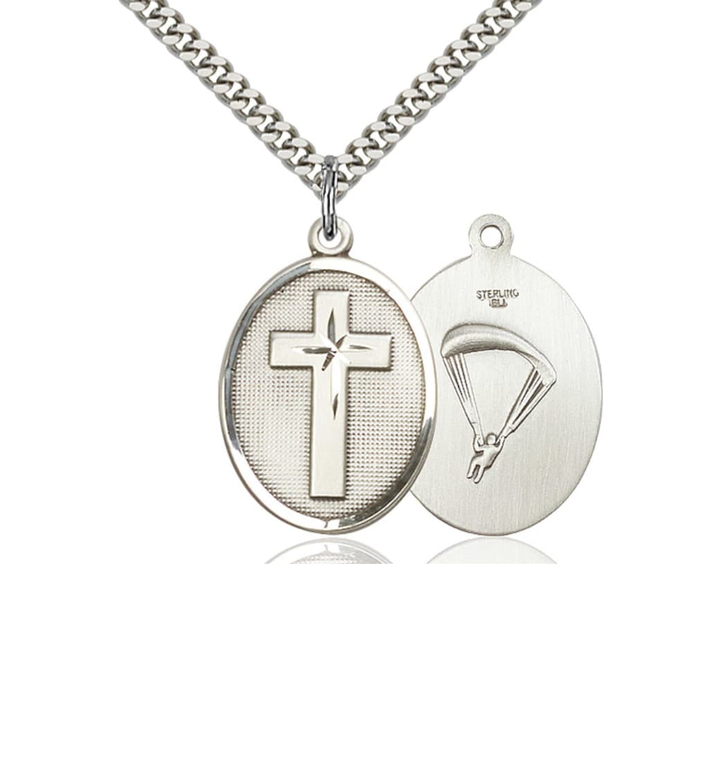 Bliss Manufacturing Paratrooper Christian Cross Sterling Silver Medal Necklace,