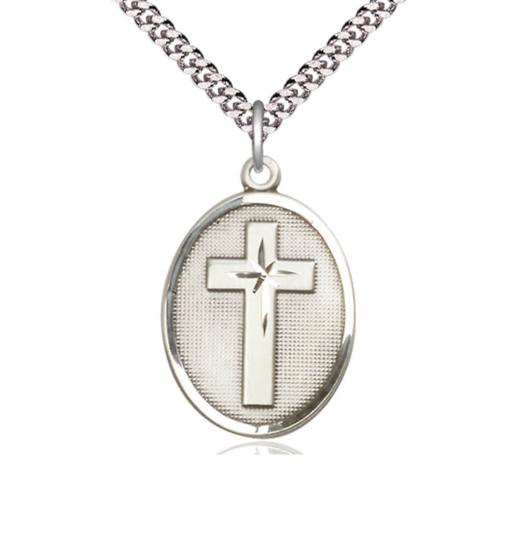 Bliss Manufacturing Engravable Oval Christian Cross Sterling Silver Medal Necklace,