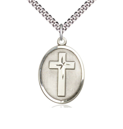 Engravable Oval Christian Cross Sterling Silver Medal Necklace, Bliss Manufacturing