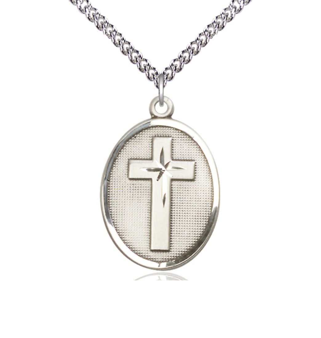 Bliss Manufacturing Engravable Oval Christian Cross Sterling Silver Medal Necklace w/Sterling Chain,