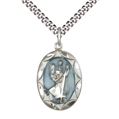 St. Christopher Sterling Silver Blue Epoxy Scallop Design Medal with Plated Chain, Measures 1-inch tall by 5/8-inch wide, Bliss Manufacturing