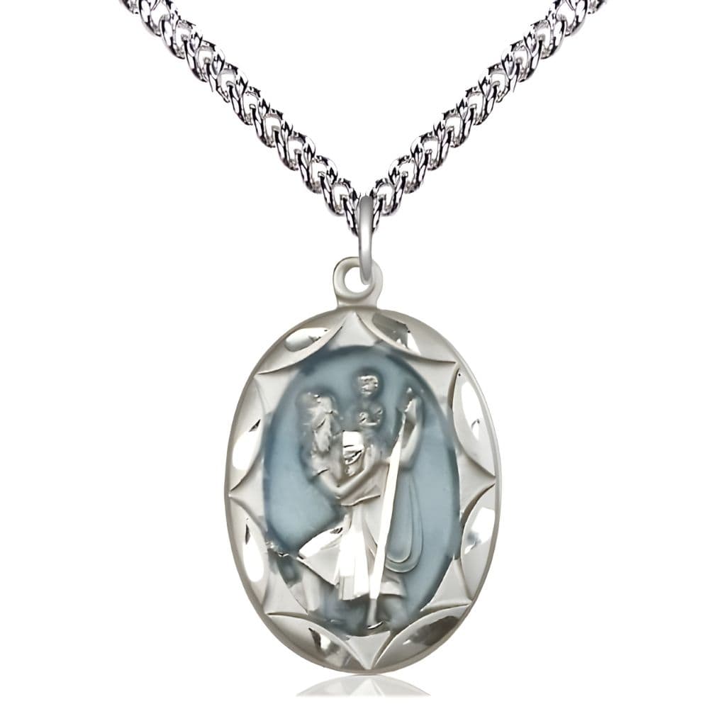 St. Christopher Sterling Silver Blue Epoxy Scallop Design Medal with Sterling Silver Chain, Measures 1-inch tall by 5/8-inch wide.