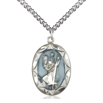 St. Christopher Sterling Silver Blue Epoxy Scallop Design Medal with Sterling Silver Chain, Measures 1-inch tall by 5/8-inch wide, Bliss Manufacturing