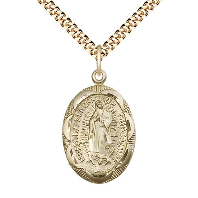 Our Lady of Guadalupe 14kt Gold-filled Scalloped Edge Medal Pendant with Gold-plated Chain, Measures 1-inch tall by 5/8-inch wide, Bliss Manufacturing