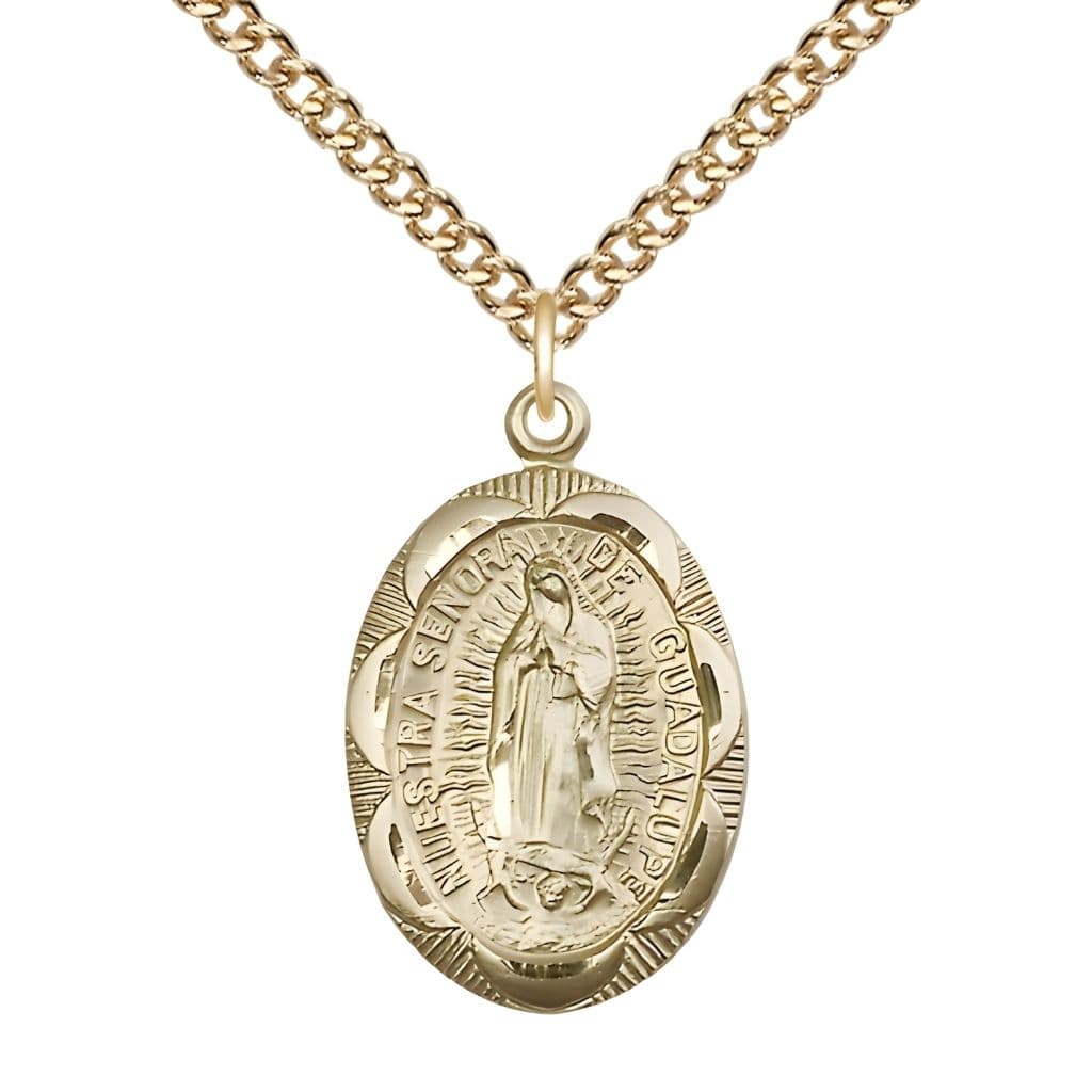 Bliss Our Lady of Guadalupe 14kt Gold-filled Scalloped Edge Medal Pendant with Gold-filled Chain, Measures 1-inch tall by 5/8-inch wide.