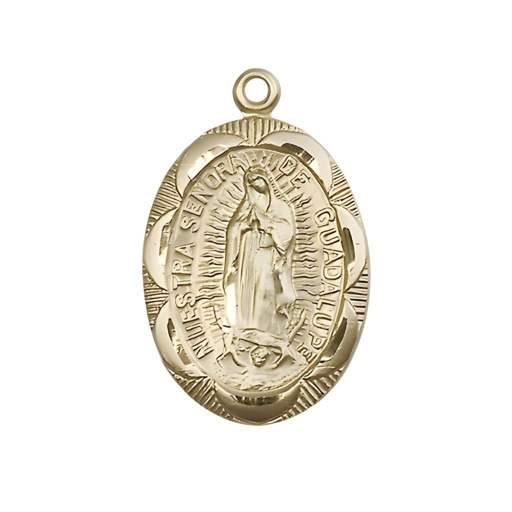 Bliss Our Lady of Guadalupe 14kt Gold Scalloped Edge Medal Pendant, Measures 1-inch tall by 5/8-inch wide.