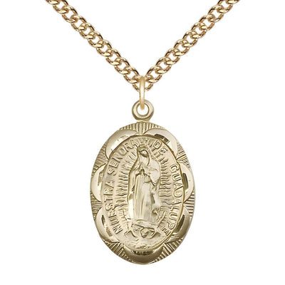Our Lady of Guadalupe 14kt Gold Scalloped Edge Medal Pendant with 14kt Gold Chain, Measures 1-inch tall by 5/8-inch wide, Bliss Manufacturing