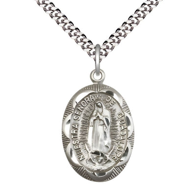 Our Lady of Guadalupe Pewter Floral Scalloped Edge Pendant with Rhodium-plated Chain, Measures 1-inch tall by 5/8-inch wide, Bliss Manufacturing