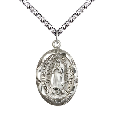 Our Lady of Guadalupe Sterling Silver Scalloped Edge Medal Pendant with Sterling Chain, Measures 1-inch tall by 5/8-inch wide, Bliss Manufacturing