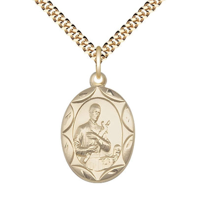 St. Gerard Majella 14kt Gold-filled Scallop Edge Design Large Medal Pendant with Gold-plated Chain, Measures 1-inch tall by 5/8-inch wide, Bliss Manufacturing