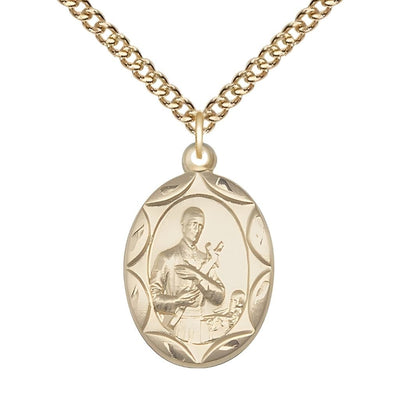 St. Gerard Majella 14kt Gold-filled Scallop Edge Design Large Medal Pendant with Gold-filled Chain, Measures 1-inch tall by 5/8-inch wide, Bliss Manufacturing