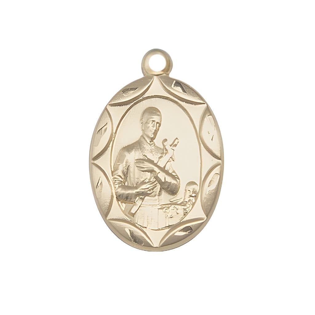 St. Gerard Majella 14kt Gold Scallop Edge Design Large Medal Pendant, Made in USA by Bliss, Measures 1-inch tall by 5/8-inch wide.