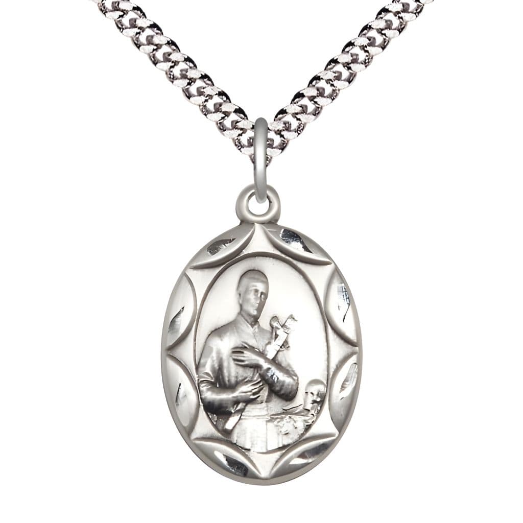 St. Gerard Majella Sterling Silver Scallop Edge Design Large Medal Pendant with Rhodium-plated Chain, Made in USA by Bliss, Measures 1-inch tall by 5/8-inch wide.