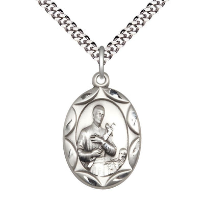 St. Gerard Majella Sterling Silver Scallop Edge Design Large Medal Pendant with Rhodium-plated Chain, Measures 1-inch tall by 5/8-inch wide, Bliss Manufacturing