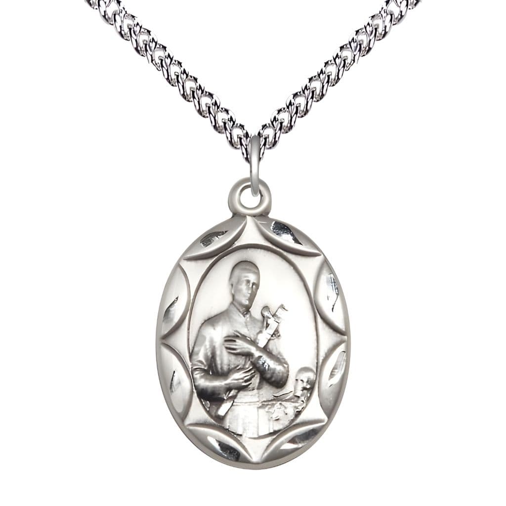 St. Gerard Majella Sterling Silver Scallop Edge Design Large Medal Pendant with Sterling Silver Chain, Made in USA by Bliss, Measures 1-inch tall by 5/8-inch wide.