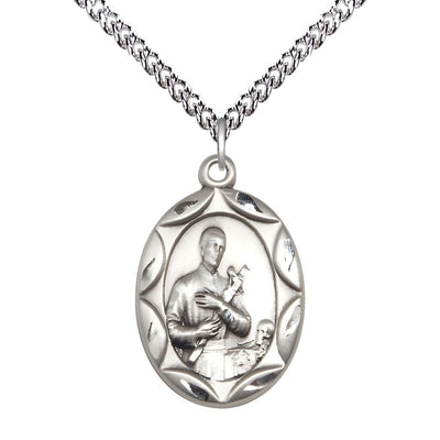 St. Gerard Majella Sterling Silver Scallop Edge Design Large Medal Pendant with Sterling Silver Chain, Measures 1-inch tall by 5/8-inch wide, Bliss Manufacturing