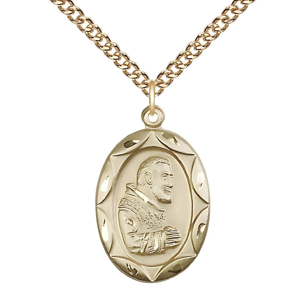 Bliss St. Padre Pio Gold-filled Scallop Design Medal Necklace with gold-filled Heavy Curb Chain, Medal Measures 1-inch tall by 5/8-inch wide