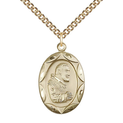 St. Padre Pio Gold-filled Scallop Design Medal Necklace with gold-filled Heavy Curb Chain, Medal Measures 1-inch tall by 5/8-inch wide, Bliss Manufacturing