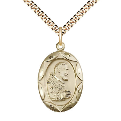 St. Padre Pio Gold-filled Scallop Design Medal Necklace with gold-plated Heavy Curb Chain, Medal Measures 1-inch tall by 5/8-inch wide, Bliss Manufacturing
