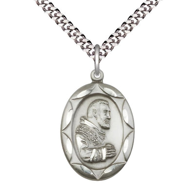 St. Padre Pio Pewter Scallop Design Medal Necklace with Rhodium-plated Heavy Curb Chain, Medal Measures 1-inch tall by 5/8-inch wide, Bliss Manufacturing