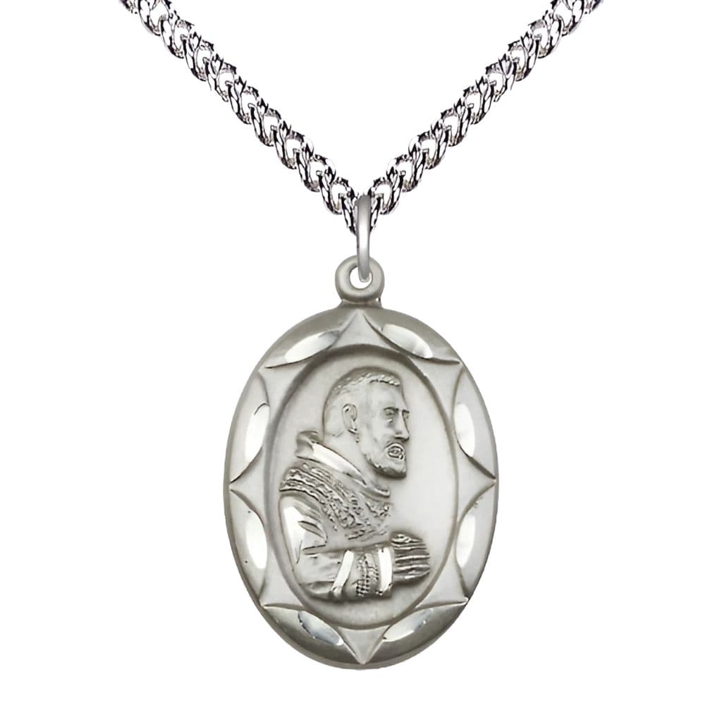 Bliss St. Padre Pio Sterling Silver Scallop Design Medal Necklace with Sterling Silver Chain, Medal Measures 1-inch tall by 5/8-inch wide