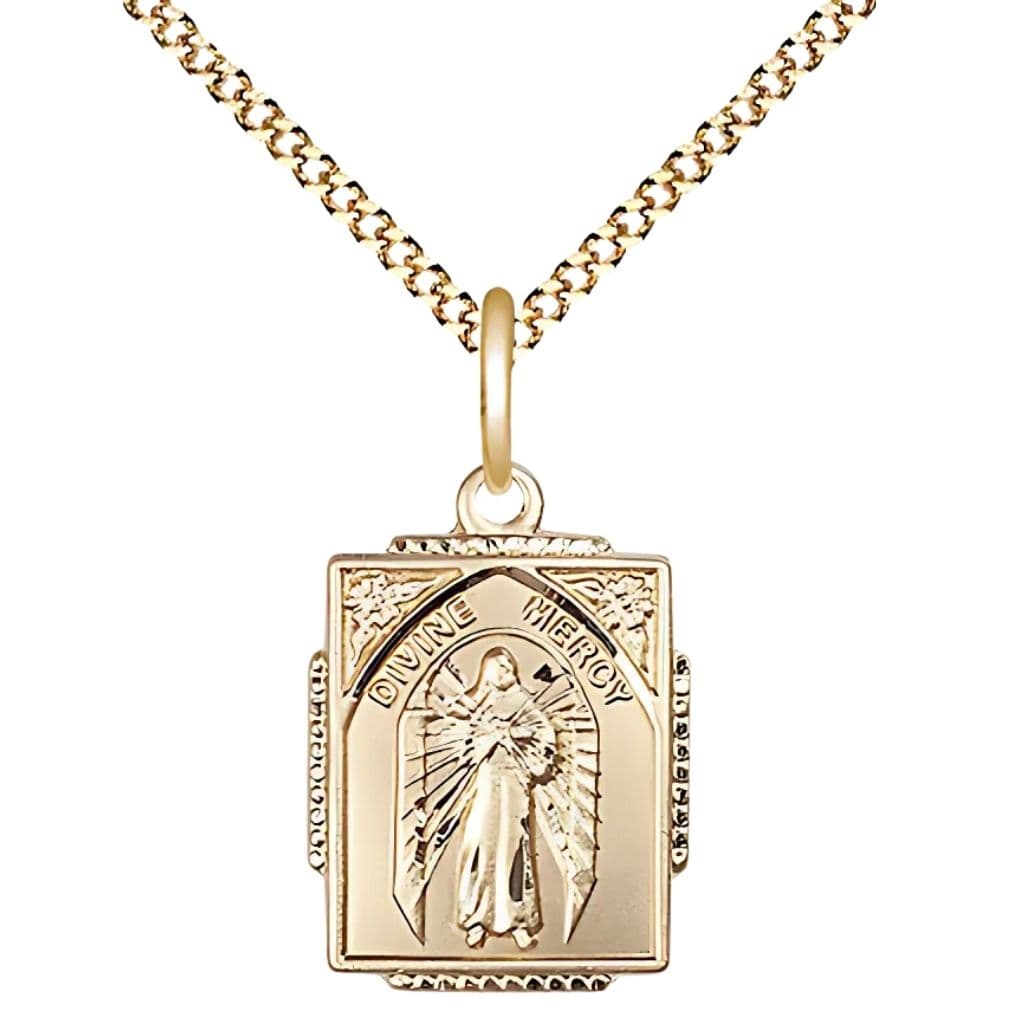 Bliss Divine Mercy square design 14kt gold pendant necklace with 18-inch gold-plated, measures 5/8-inch tall by 1/2-inch wide.