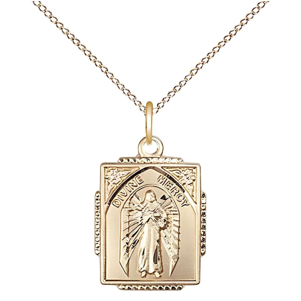 Bliss Divine Mercy square design 14kt gold pendant necklace with 18-inch gold-filled, measures 5/8-inch tall by 1/2-inch wide.