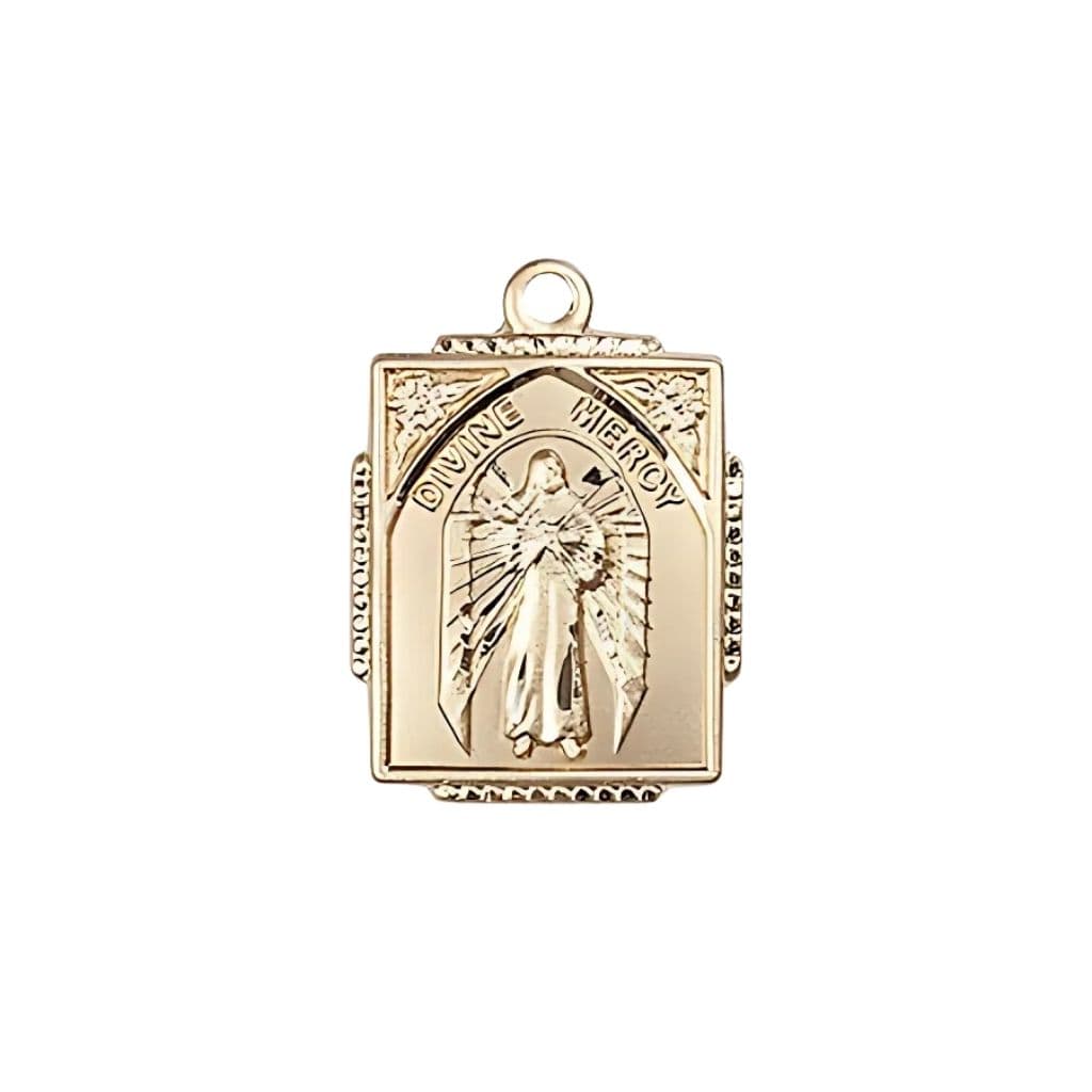 Bliss Divine Mercy square design 14kt gold pendant, measures 5/8-inch tall by 1/2-inch wide.