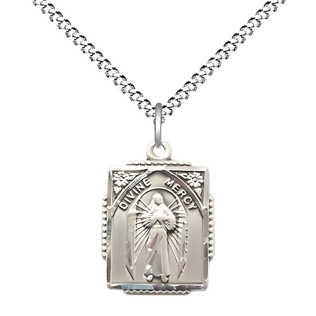 Bliss Divine Mercy square design sterling silver pendant necklace with 18-inch rhodium-plated, measures 5/8-inch tall by 1/2-inch wide.