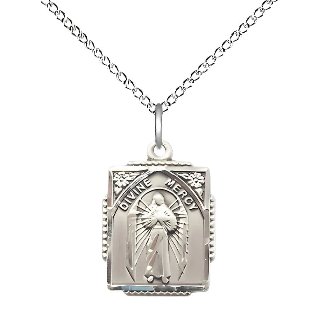 Bliss Divine Mercy square design sterling silver pendant necklace with 18-inch sterling silver measures 5/8-inch tall by 1/2-inch wide.