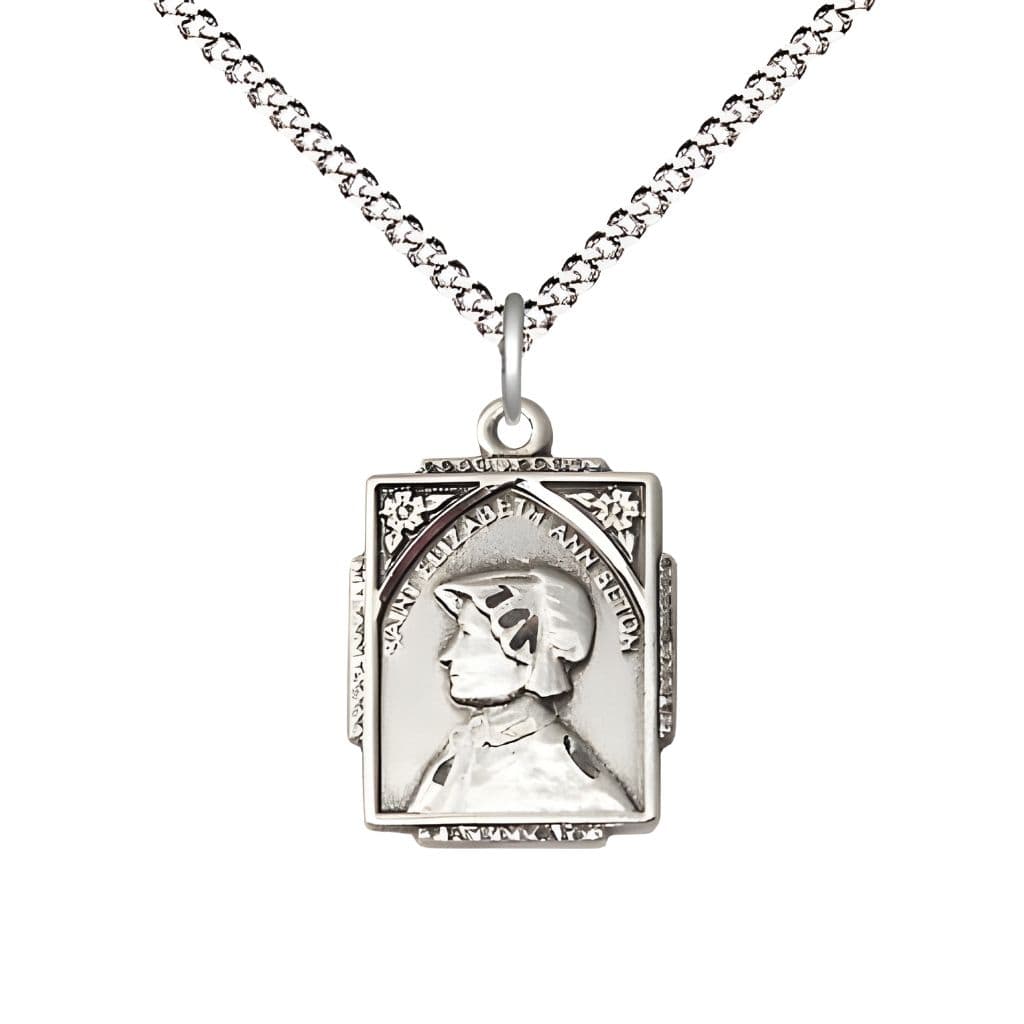 Bliss St. Elizabeth Ann Seton Square Sterling Silver Medal with Rhodium -plated Light Curb Chain with Lobster Claw Clasp.
