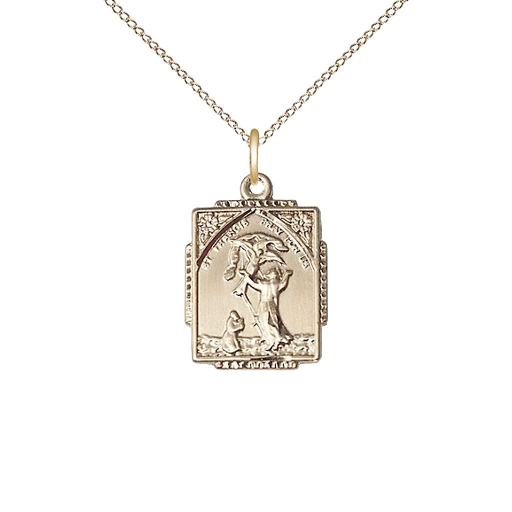 Bliss St. Francis of Assisi Square Shaped 14kt Gold Pendant Necklace with 14kt Gold Chain, Measures 5/8 X 1/2