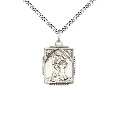 St. Francis of Assisi Square Shaped Sterling Silver Pendant Necklace with Plated Chain, Measures 5/8 X 1/2, Bliss Manufacturing