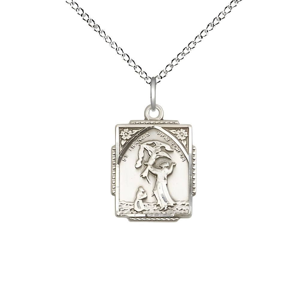 Bliss St. Francis of Assisi Square Shaped Sterling Silver Pendant Necklace with Sterling Chain, Measures 5/8 X 1/2
