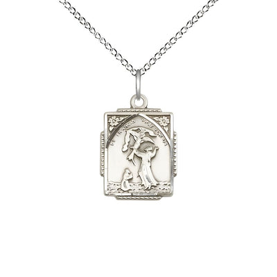 St. Francis of Assisi Square Shaped Sterling Silver Pendant Necklace with Sterling Chain, Measures 5/8 X 1/2, Bliss Manufacturing