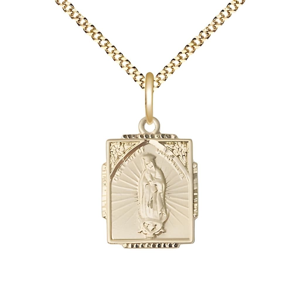 Bliss Our Lady of Guadalupe 14kt Gold-filled Small Children Square Pendant Medal with Gold-plated Chain, Measures 5/8-inch tall by 1/2-inch wide.