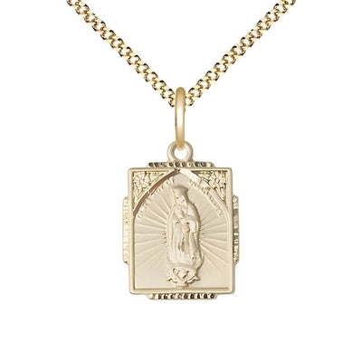 Our Lady of Guadalupe 14kt Gold-filled Small Children Square Pendant Medal with Gold-plated Chain, Measures 5/8-inch tall by 1/2-inch wide, Bliss Manufacturing
