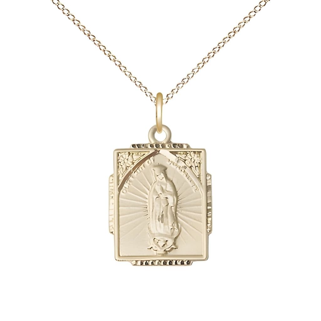Bliss Our Lady of Guadalupe 14kt Gold-filled Small Children Square Pendant Medal with Gold-filled Chain, Measures 5/8-inch tall by 1/2-inch wide.