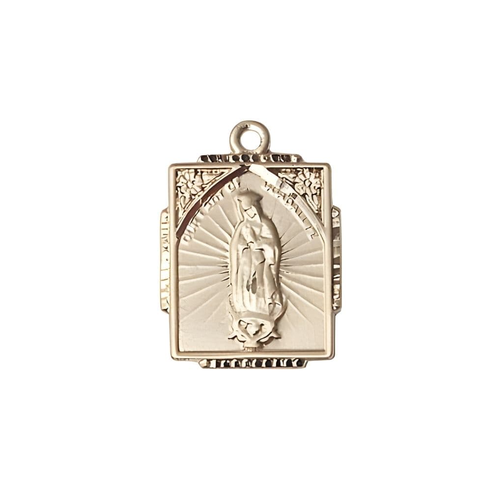 Bliss Our Lady of Guadalupe 14kt Gold Small Children Square Pendant Medal, Measures 5/8-inch tall by 1/2-inch wide.