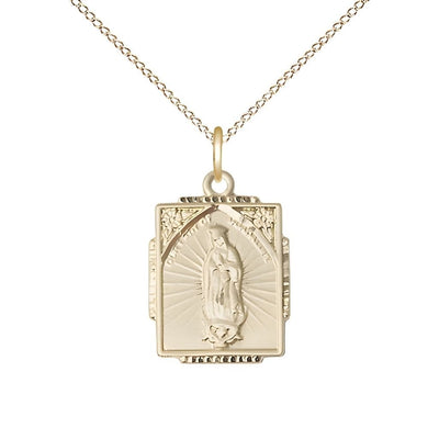Our Lady of Guadalupe 14kt Gold Small Children Square Pendant Medal with 14kt Gold Chain, Measures 5/8-inch tall by 1/2-inch wide, Bliss Manufacturing