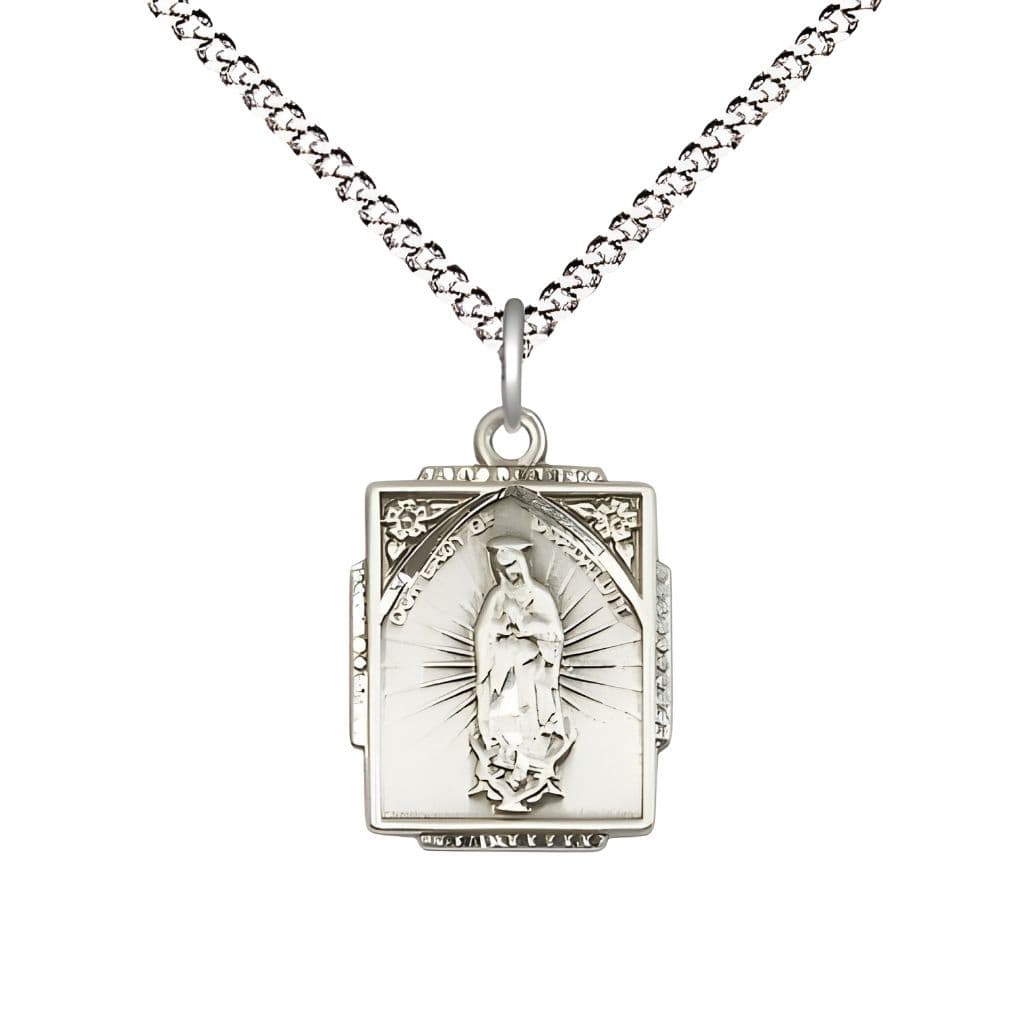Bliss Our Lady of Guadalupe Small Children Square Pendant Sterling Silver Medal with Plated Chain, Measures 5/8-inch tall by 1/2-inch wide.