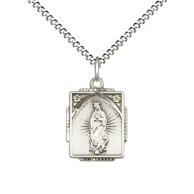 Our Lady of Guadalupe Small Children Square Pendant Sterling Silver Medal with Plated Chain, Measures 5/8-inch tall by 1/2-inch wide, Bliss Manufacturing
