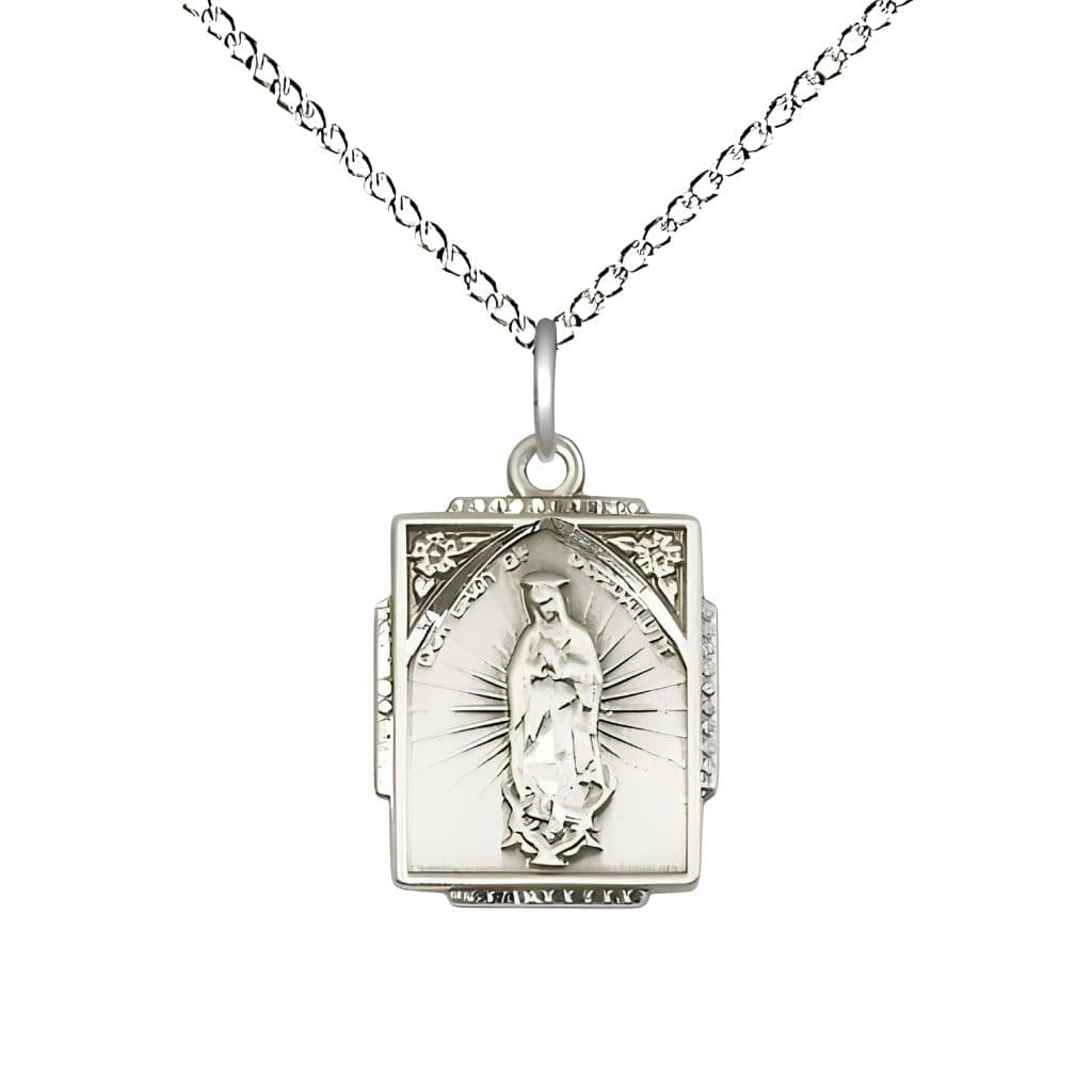 Bliss Our Lady of Guadalupe Small Children Square Pendant Sterling Silver Medal with Sterling Chain, Measures 5/8-inch tall by 1/2-inch wide.